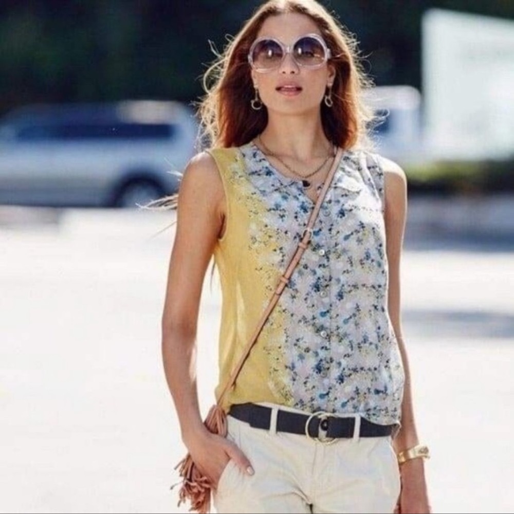 Cabi 50/50 Shirt Offsides Print Blue Yellow Floral Sheer Tank Medium 5521